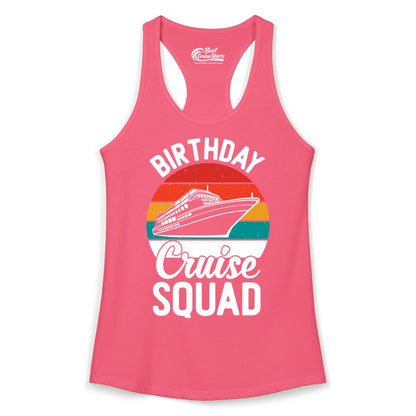 Birthday Cruise Squad Shirt - Retro Sunset Group Cruise Party Tee (Ladies Tank) in Hot Pink - Birthday Cruise Squad Retro Sunset Distressed Cruise Ship Shirt