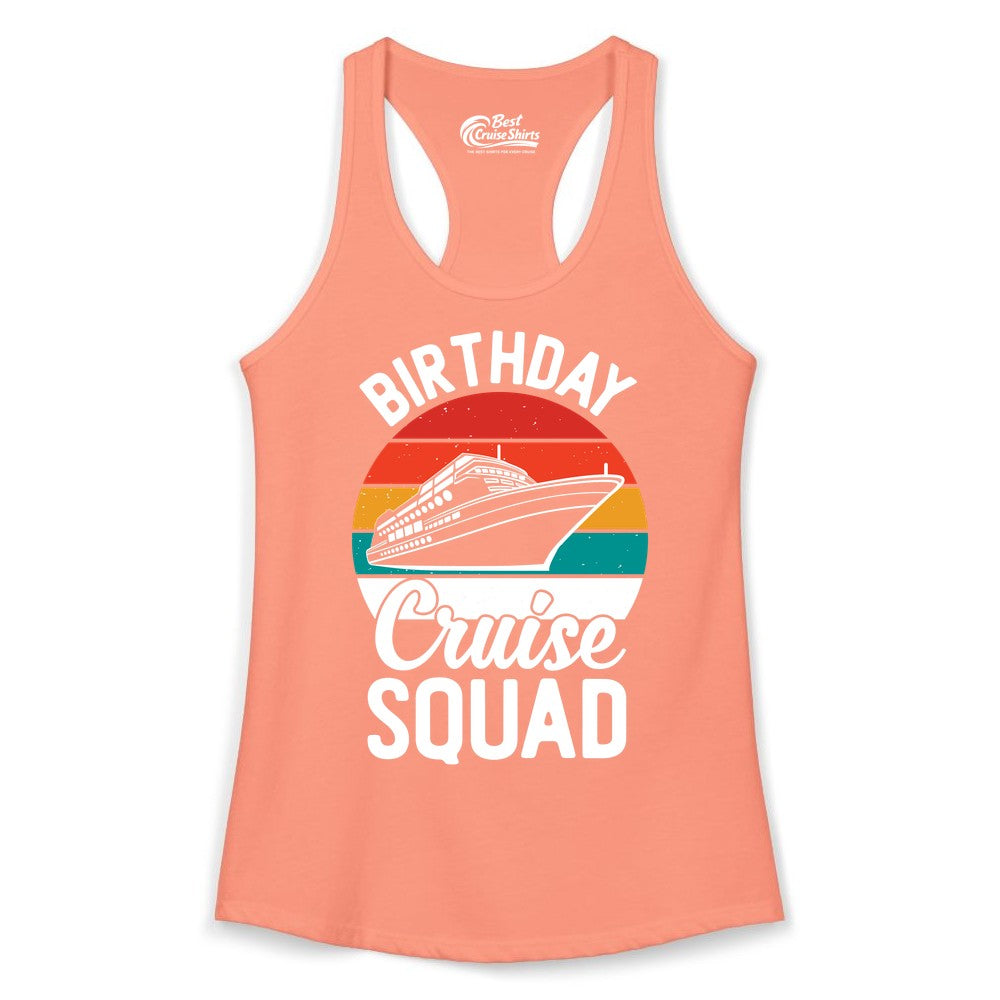 Birthday Cruise Squad Shirt - Retro Sunset Group Cruise Party Tee (Ladies Tank) in Solid Light Orange - Birthday Cruise Squad Retro Sunset Distressed Cruise Ship Shirt