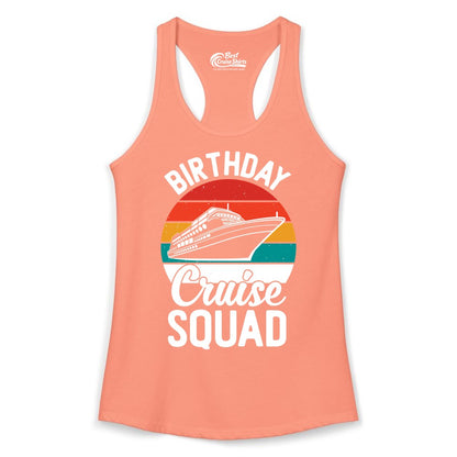 Birthday Cruise Squad Shirt - Retro Sunset Group Cruise Party Tee (Ladies Tank) in Solid Light Orange - Birthday Cruise Squad Retro Sunset Distressed Cruise Ship Shirt