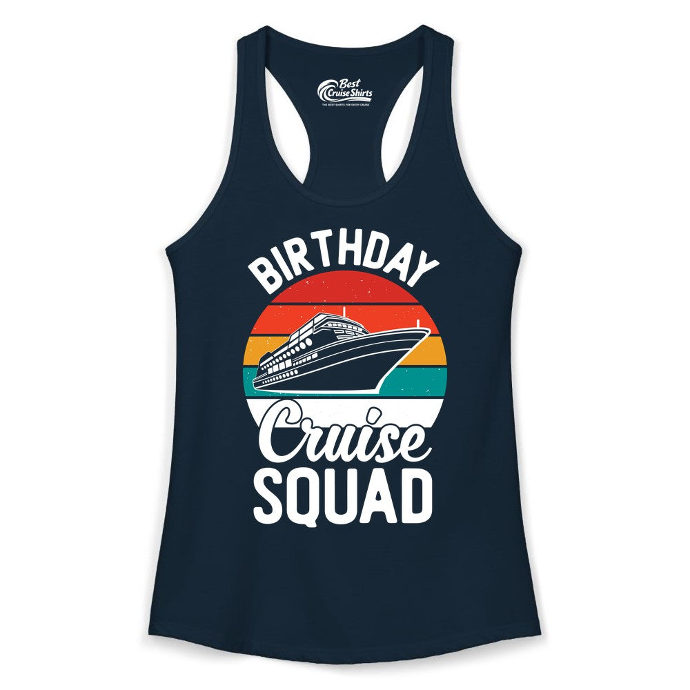 Birthday Cruise Squad Shirt - Retro Sunset Group Cruise Party Tee (Ladies Tank) in Solid Midnight Navy - Birthday Cruise Squad Retro Sunset Distressed Cruise Ship Shirt