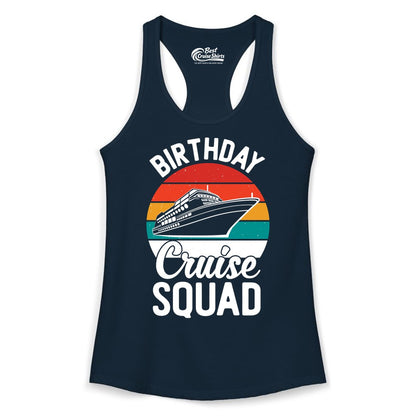 Birthday Cruise Squad Shirt - Retro Sunset Group Cruise Party Tee (Ladies Tank) in Solid Midnight Navy - Birthday Cruise Squad Retro Sunset Distressed Cruise Ship Shirt