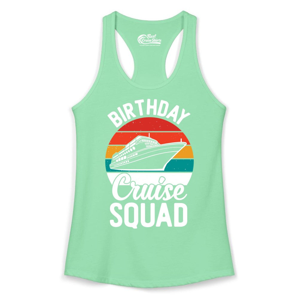 Birthday Cruise Squad Shirt - Retro Sunset Group Cruise Party Tee (Ladies Tank) in Solid Mint - Birthday Cruise Squad Retro Sunset Distressed Cruise Ship Shirt