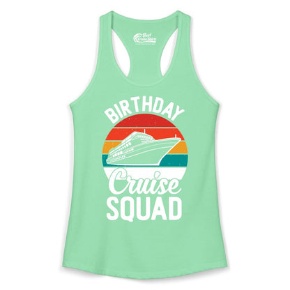 Birthday Cruise Squad Shirt - Retro Sunset Group Cruise Party Tee (Ladies Tank) in Solid Mint - Birthday Cruise Squad Retro Sunset Distressed Cruise Ship Shirt