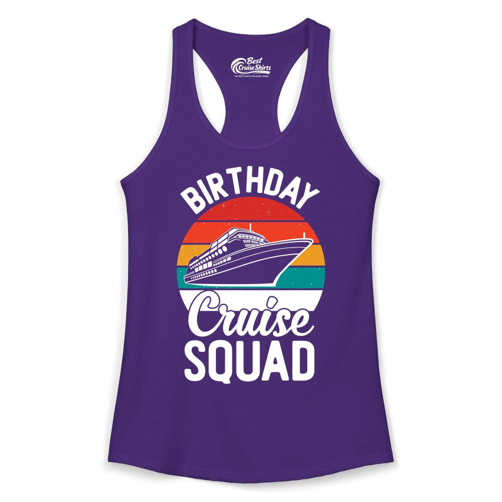 Birthday Cruise Squad Shirt - Retro Sunset Group Cruise Party Tee (Ladies Tank) in Solid Purple Rush - Birthday Cruise Squad Retro Sunset Distressed Cruise Ship Shirt