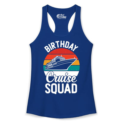 Birthday Cruise Squad Shirt - Retro Sunset Group Cruise Party Tee (Ladies Tank) in Solid Royal - Birthday Cruise Squad Retro Sunset Distressed Cruise Ship Shirt