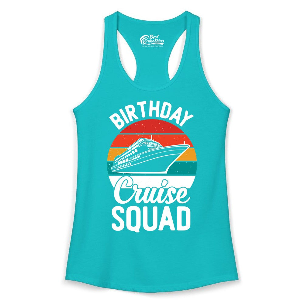 Birthday Cruise Squad Shirt - Retro Sunset Group Cruise Party Tee (Ladies Tank) in Tahiti Blue - Birthday Cruise Squad Retro Sunset Distressed Cruise Ship Shirt