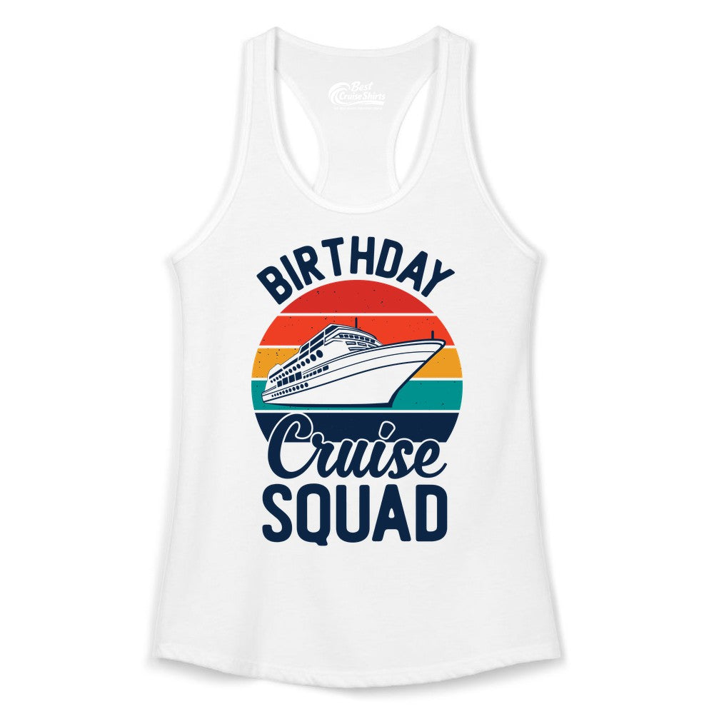 Birthday Cruise Squad Shirt - Retro Sunset Group Cruise Party Tee (Ladies Tank) in White - Birthday Cruise Squad Retro Sunset Distressed Cruise Ship Shirt