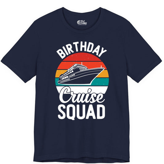 Birthday Cruise Squad Shirt - Retro Sunset Group Cruise Party Tee (Premium Tee) in Navy - Birthday Cruise Squad Retro Sunset Distressed Cruise Ship Shirt