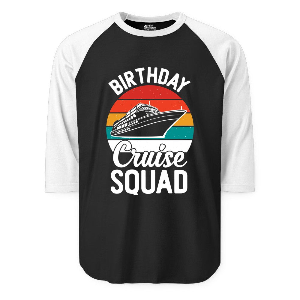 Birthday Cruise Squad Shirt - Retro Sunset Group Cruise Party Tee (Raglan) in BlackWhite - Birthday Cruise Squad Retro Sunset Distressed Cruise Ship Shirt