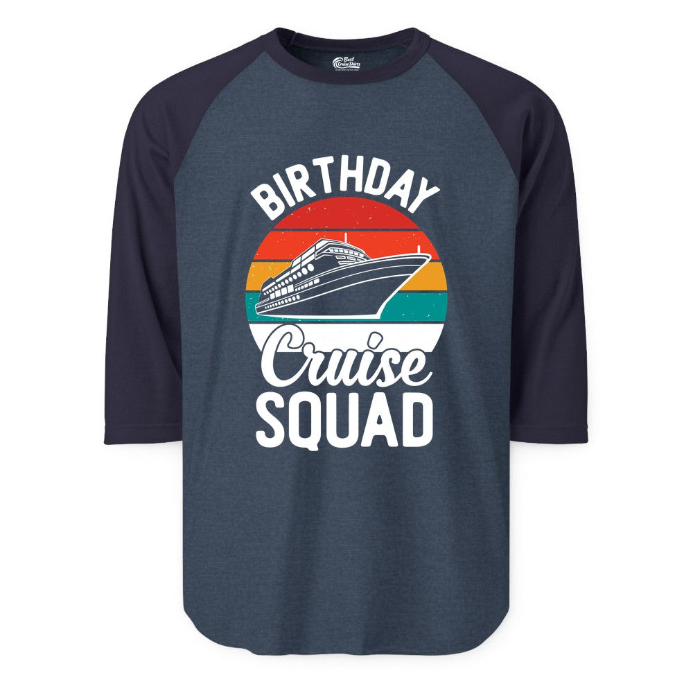 Birthday Cruise Squad Shirt - Retro Sunset Group Cruise Party Tee (Raglan) in Heather DenimNavy - Birthday Cruise Squad Retro Sunset Distressed Cruise Ship Shirt