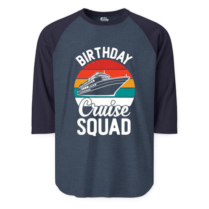 Birthday Cruise Squad Shirt - Retro Sunset Group Cruise Party Tee (Raglan) in Heather DenimNavy - Birthday Cruise Squad Retro Sunset Distressed Cruise Ship Shirt