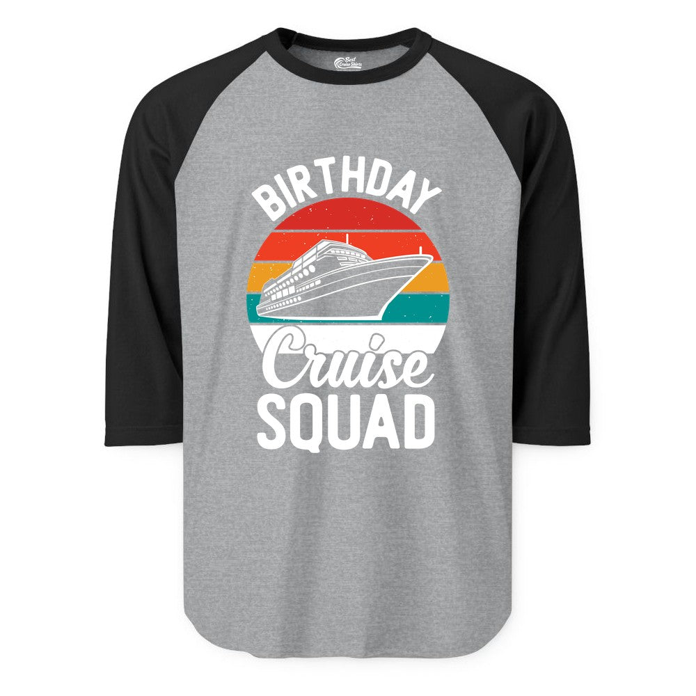 Birthday Cruise Squad Shirt - Retro Sunset Group Cruise Party Tee (Raglan) in Heather GreyBlack - Birthday Cruise Squad Retro Sunset Distressed Cruise Ship Shirt