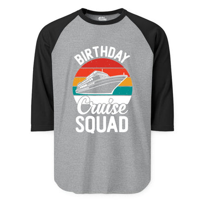 Birthday Cruise Squad Shirt - Retro Sunset Group Cruise Party Tee (Raglan) in Heather GreyBlack - Birthday Cruise Squad Retro Sunset Distressed Cruise Ship Shirt