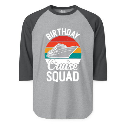 Birthday Cruise Squad Shirt - Retro Sunset Group Cruise Party Tee (Raglan) in Heather GreyHeather Charcoal - Birthday Cruise Squad Retro Sunset Distressed Cruise Ship Shirt