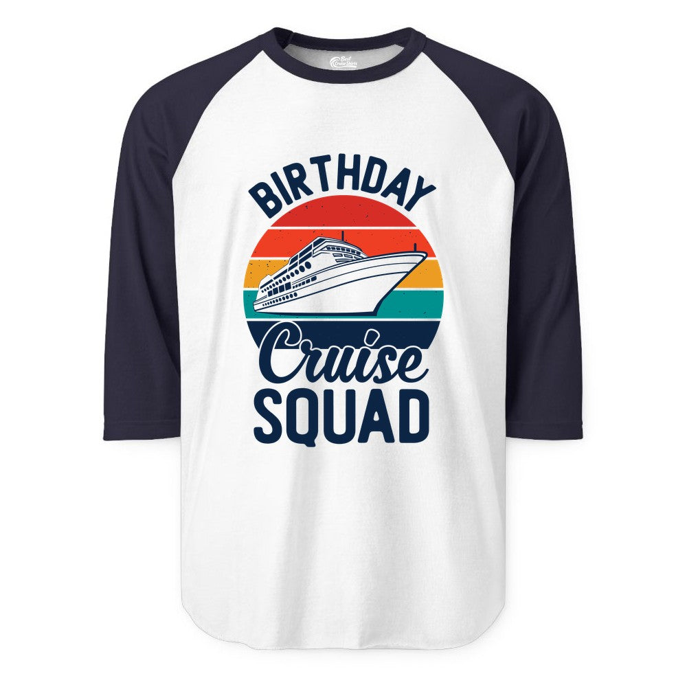 Birthday Cruise Squad Shirt - Retro Sunset Group Cruise Party Tee (Raglan) in WhiteNavy - Birthday Cruise Squad Retro Sunset Distressed Cruise Ship Shirt
