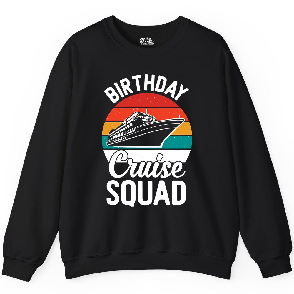 Birthday Cruise Squad Shirt - Retro Sunset Group Cruise Party Tee (Sweatshirt) in Black - Birthday Cruise Squad Retro Sunset Distressed Cruise Ship Shirt