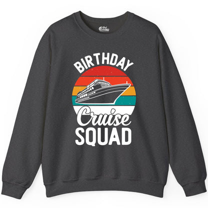 Birthday Cruise Squad Shirt - Retro Sunset Group Cruise Party Tee (Sweatshirt) in Dark Heather - Birthday Cruise Squad Retro Sunset Distressed Cruise Ship Shirt