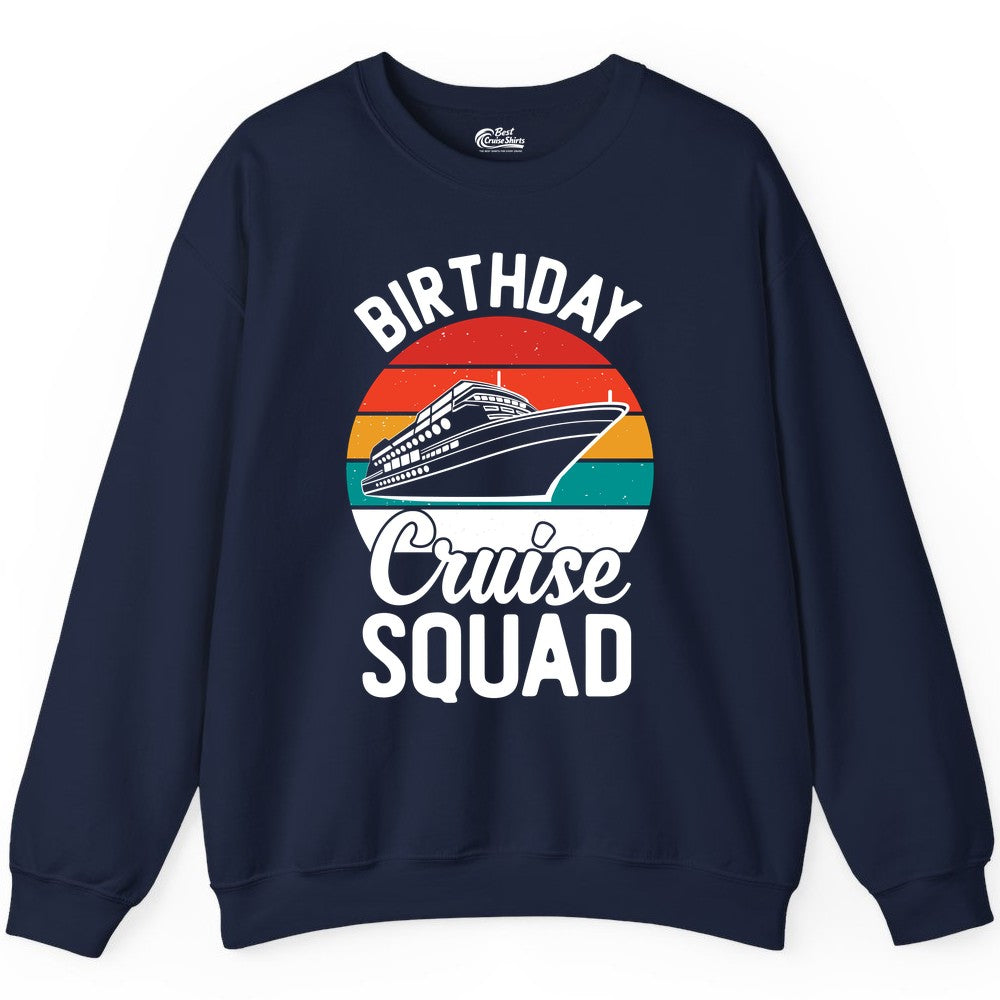 Birthday Cruise Squad Shirt - Retro Sunset Group Cruise Party Tee (Sweatshirt) in Navy - Birthday Cruise Squad Retro Sunset Distressed Cruise Ship Shirt