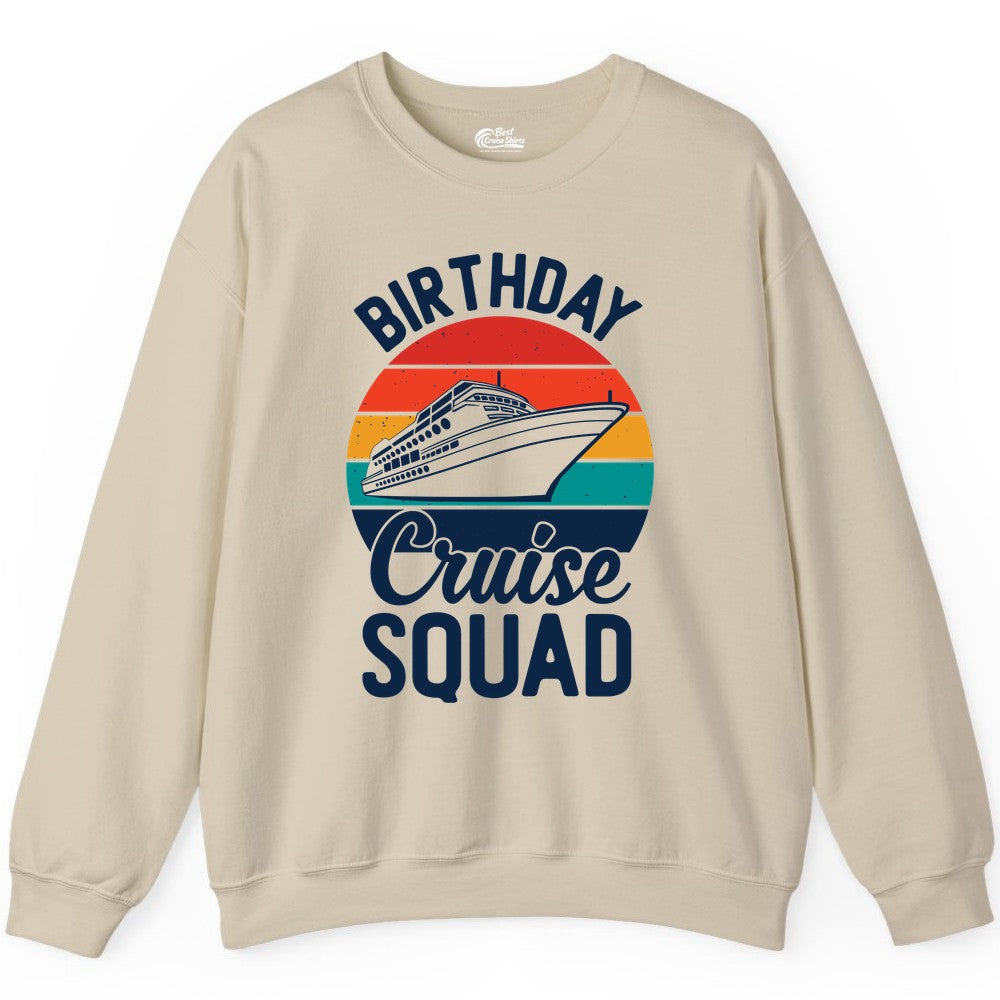Birthday Cruise Squad Shirt - Retro Sunset Group Cruise Party Tee (Sweatshirt) in Sand - Birthday Cruise Squad Retro Sunset Distressed Cruise Ship Shirt