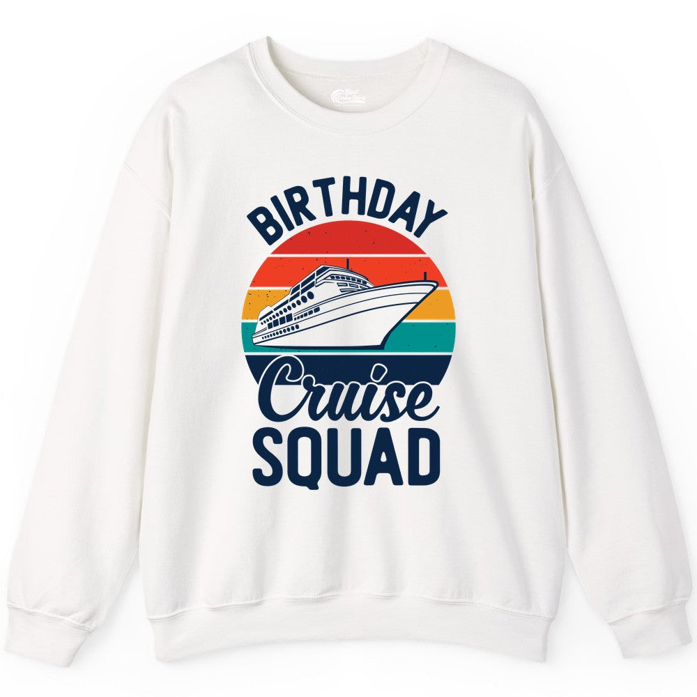 Birthday Cruise Squad Shirt - Retro Sunset Group Cruise Party Tee (Sweatshirt) in White - Birthday Cruise Squad Retro Sunset Distressed Cruise Ship Shirt