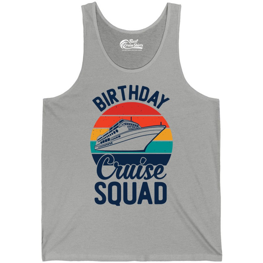 Birthday Cruise Squad Shirt - Retro Sunset Group Cruise Party Tee (Tank Top) in Athletic Heather - Birthday Cruise Squad Retro Sunset Distressed Cruise Ship Shirt