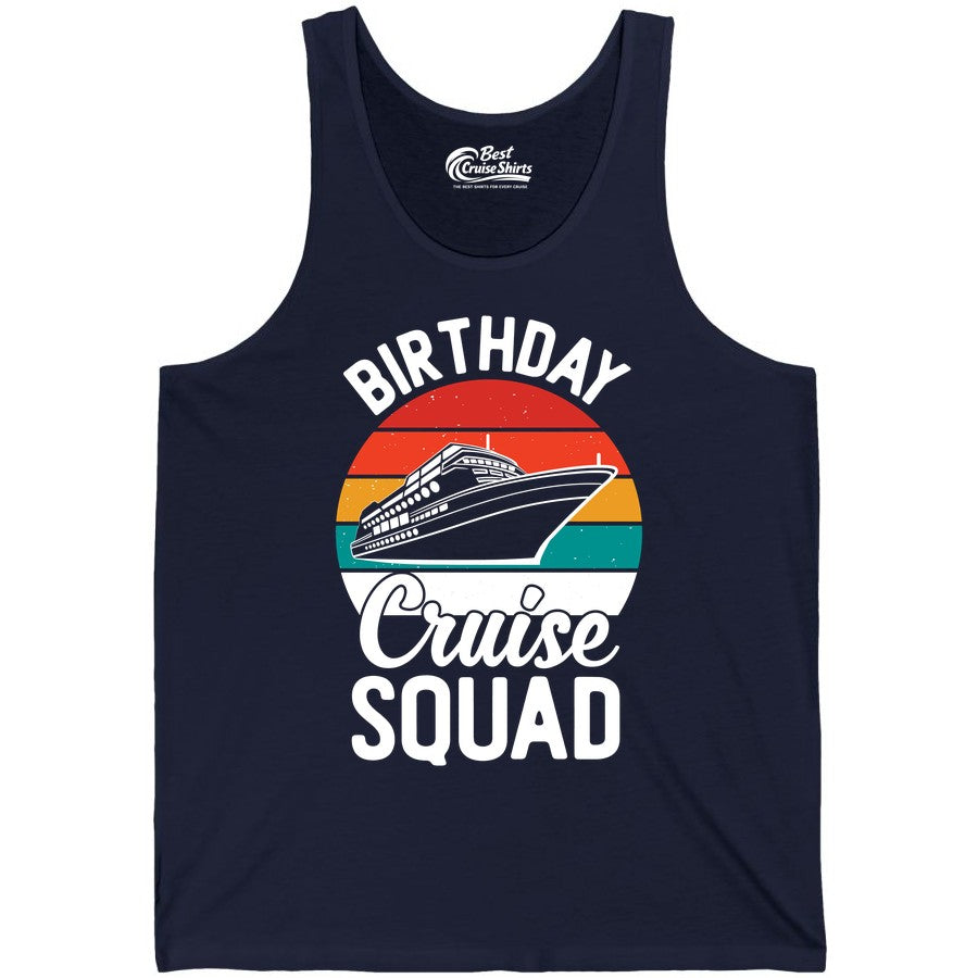 Birthday Cruise Squad Shirt - Retro Sunset Group Cruise Party Tee (Tank Top) in Navy - Birthday Cruise Squad Retro Sunset Distressed Cruise Ship Shirt