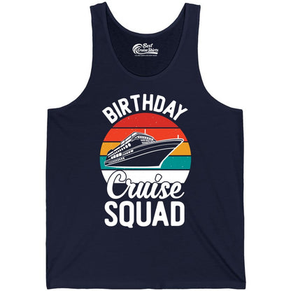 Birthday Cruise Squad Shirt - Retro Sunset Group Cruise Party Tee (Tank Top) in Navy - Birthday Cruise Squad Retro Sunset Distressed Cruise Ship Shirt