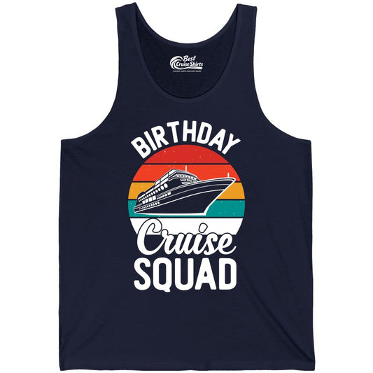 Birthday Cruise Squad Shirt - Retro Sunset Group Cruise Party Tee (Tank Top) in Navy - Birthday Cruise Squad Retro Sunset Distressed Cruise Ship Shirt
