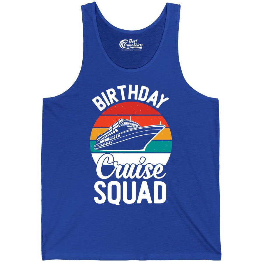 Birthday Cruise Squad Shirt - Retro Sunset Group Cruise Party Tee (Tank Top) in True Royal - Birthday Cruise Squad Retro Sunset Distressed Cruise Ship Shirt