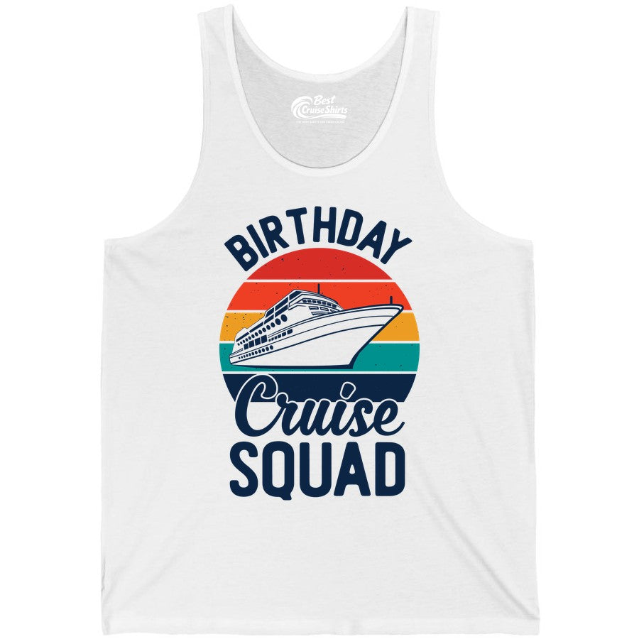 Birthday Cruise Squad Shirt - Retro Sunset Group Cruise Party Tee (Tank Top) in White - Birthday Cruise Squad Retro Sunset Distressed Cruise Ship Shirt