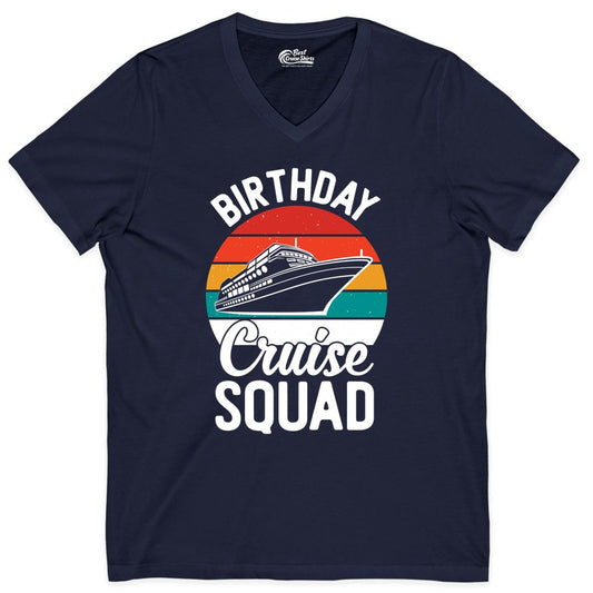 Birthday Cruise Squad Shirt - Retro Sunset Group Cruise Party Tee (V-Neck) in Navy - Birthday Cruise Squad Retro Sunset Distressed Cruise Ship Shirt