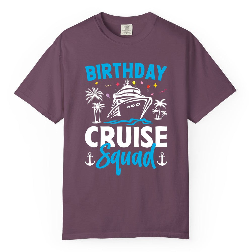 Birthday Cruise Squad Shirt - Tropical Birthday Cruise Apparel (Comfort Color) in Berry - Birthday Cruise Squad Shirt with Ship Palm Trees Balloons Nautical Icons