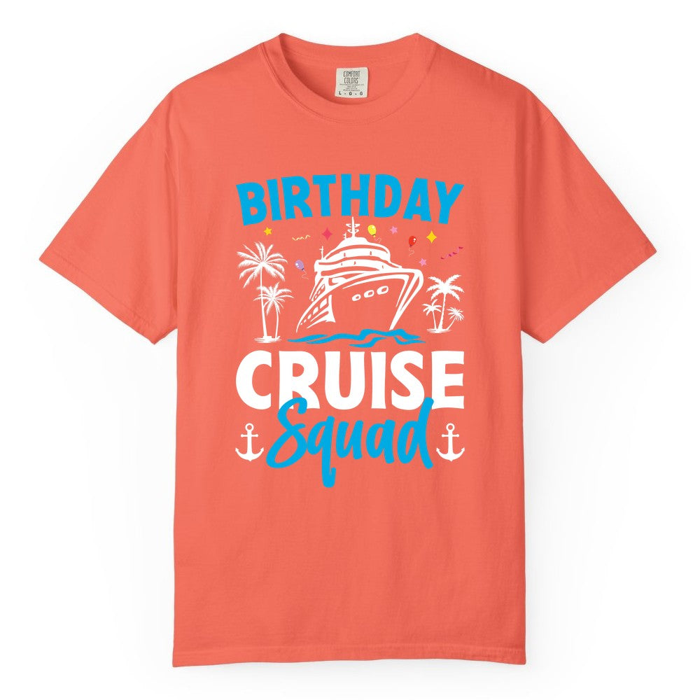 Birthday Cruise Squad Shirt - Tropical Birthday Cruise Apparel (Comfort Color) in Bright Salmon - Birthday Cruise Squad Shirt with Ship Palm Trees Balloons Nautical Icons
