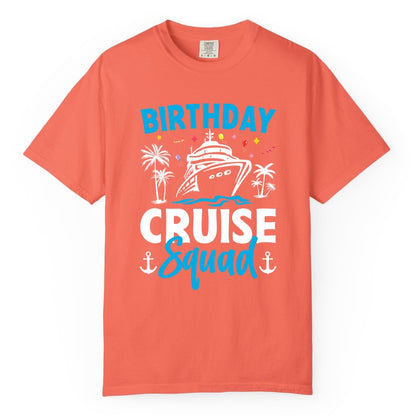 Birthday Cruise Squad Shirt - Tropical Birthday Cruise Apparel (Comfort Color) in Bright Salmon - Birthday Cruise Squad Shirt with Ship Palm Trees Balloons Nautical Icons