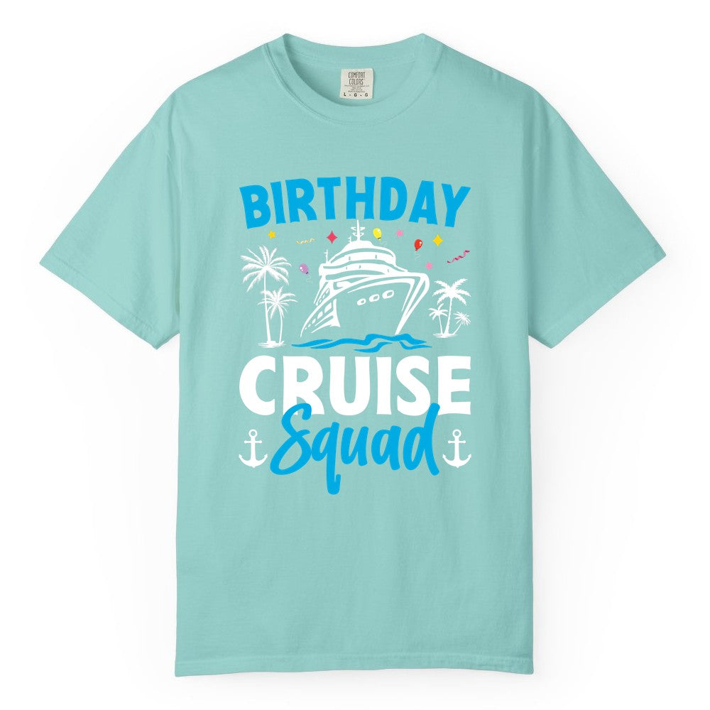 Birthday Cruise Squad Shirt - Tropical Birthday Cruise Apparel (Comfort Color) in Chalky Mint - Birthday Cruise Squad Shirt with Ship Palm Trees Balloons Nautical Icons