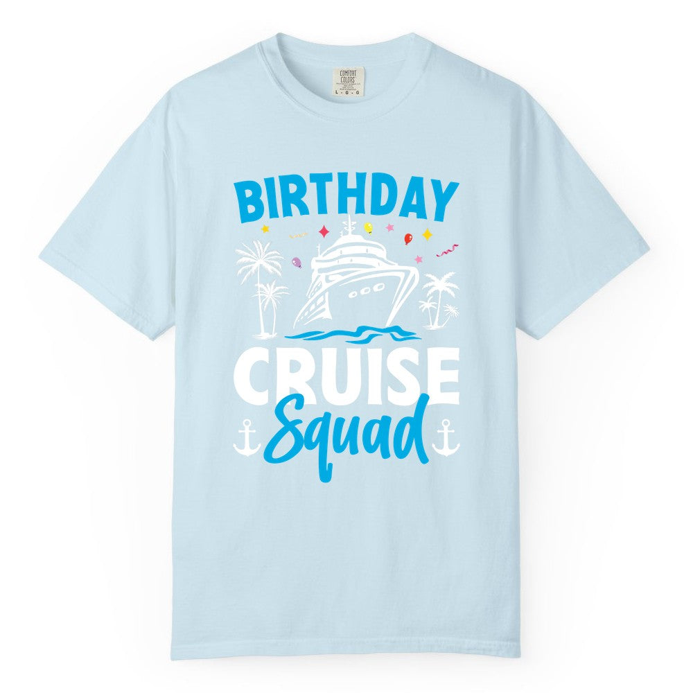 Birthday Cruise Squad Shirt - Tropical Birthday Cruise Apparel (Comfort Color) in Chambray - Birthday Cruise Squad Shirt with Ship Palm Trees Balloons Nautical Icons