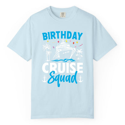 Birthday Cruise Squad Shirt - Tropical Birthday Cruise Apparel (Comfort Color) in Chambray - Birthday Cruise Squad Shirt with Ship Palm Trees Balloons Nautical Icons