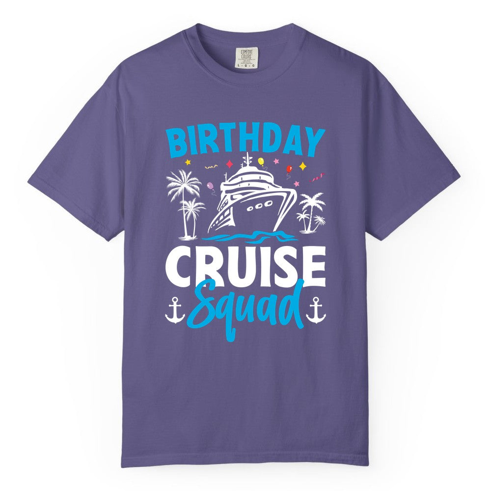 Birthday Cruise Squad Shirt - Tropical Birthday Cruise Apparel (Comfort Color) in Grape - Birthday Cruise Squad Shirt with Ship Palm Trees Balloons Nautical Icons