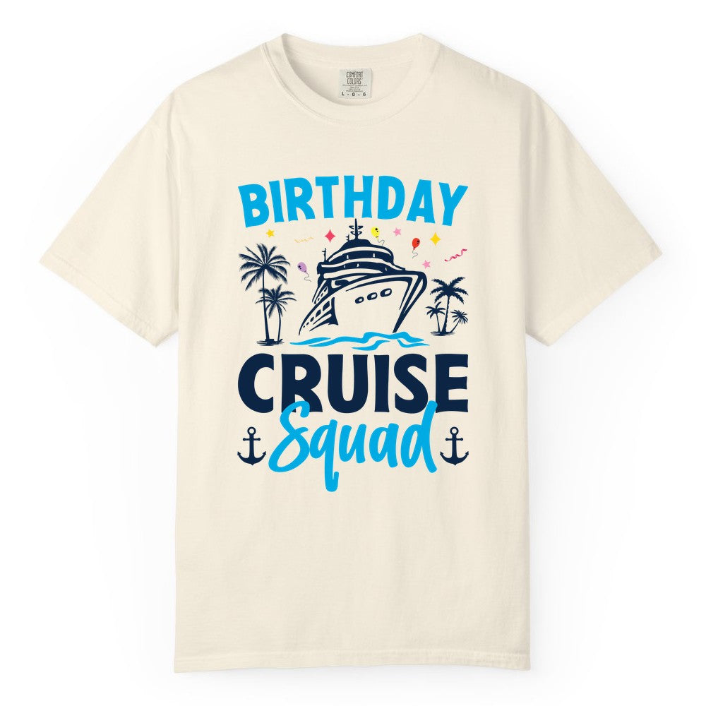 Birthday Cruise Squad Shirt - Tropical Birthday Cruise Apparel (Comfort Color) in Ivory - Birthday Cruise Squad Shirt with Ship Palm Trees Balloons Nautical Icons