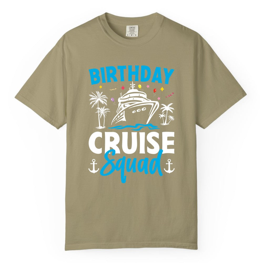 Birthday Cruise Squad Shirt - Tropical Birthday Cruise Apparel (Comfort Color) in Khaki - Birthday Cruise Squad Shirt with Ship Palm Trees Balloons Nautical Icons