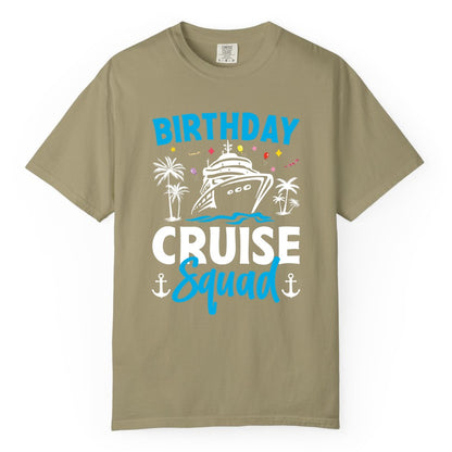 Birthday Cruise Squad Shirt - Tropical Birthday Cruise Apparel (Comfort Color) in Khaki - Birthday Cruise Squad Shirt with Ship Palm Trees Balloons Nautical Icons