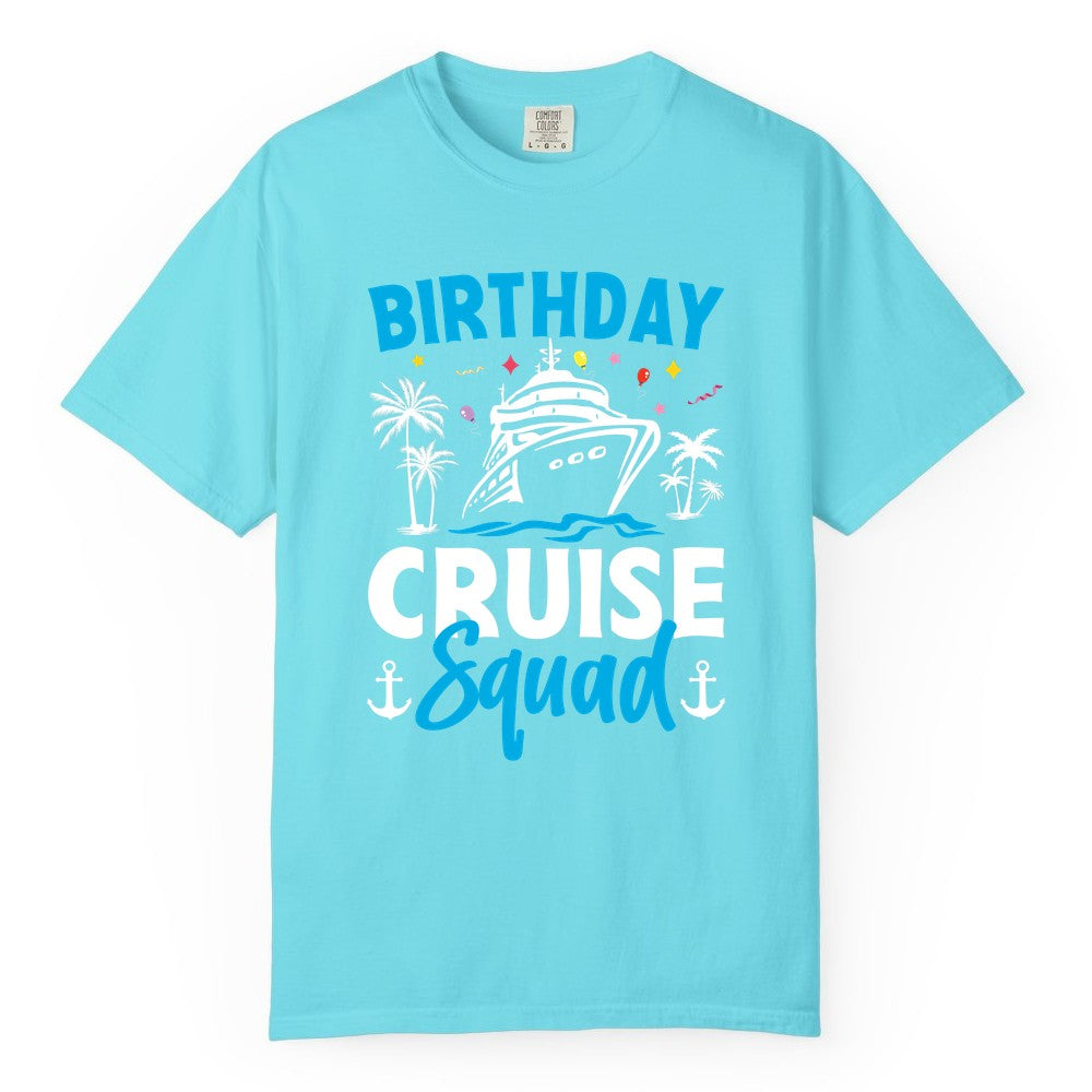 Birthday Cruise Squad Shirt - Tropical Birthday Cruise Apparel (Comfort Color) in Lagoon Blue - Birthday Cruise Squad Shirt with Ship Palm Trees Balloons Nautical Icons