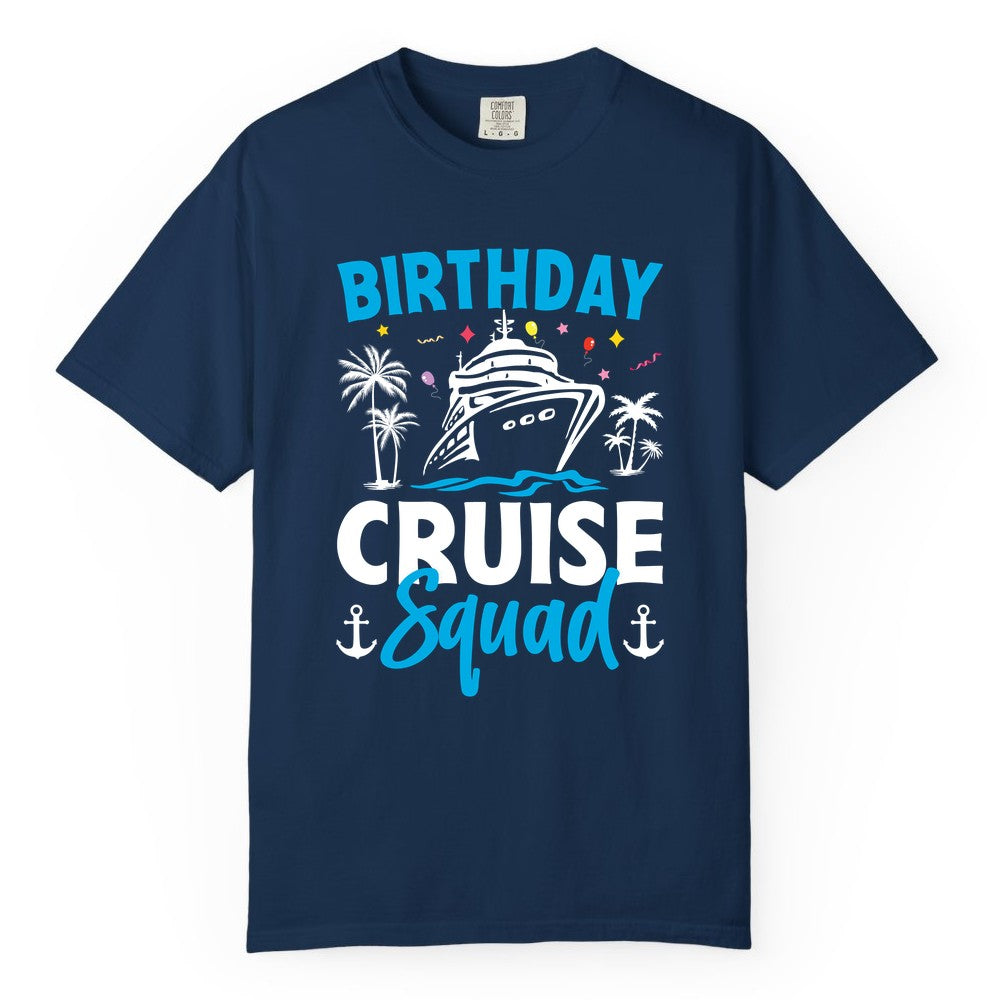 Birthday Cruise Squad Shirt - Tropical Birthday Cruise Apparel (Comfort Color) in Navy - Birthday Cruise Squad Shirt with Ship Palm Trees Balloons Nautical Icons