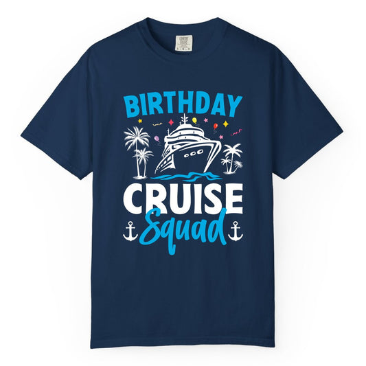 Birthday Cruise Squad Shirt - Tropical Birthday Cruise Apparel (Comfort Color) in Navy - Birthday Cruise Squad Shirt with Ship Palm Trees Balloons Nautical Icons