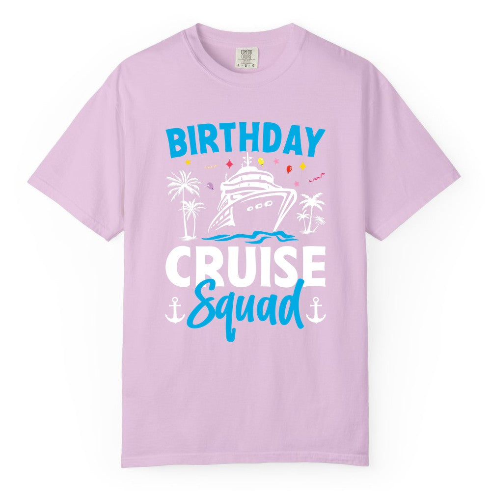 Birthday Cruise Squad Shirt - Tropical Birthday Cruise Apparel (Comfort Color) in Orchid - Birthday Cruise Squad Shirt with Ship Palm Trees Balloons Nautical Icons
