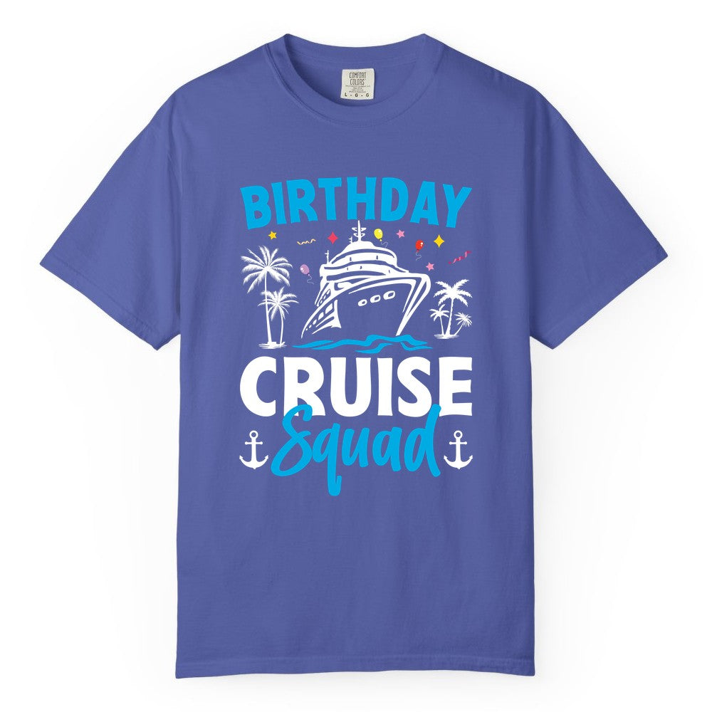 Birthday Cruise Squad Shirt - Tropical Birthday Cruise Apparel (Comfort Color) in Periwinkle - Birthday Cruise Squad Shirt with Ship Palm Trees Balloons Nautical Icons