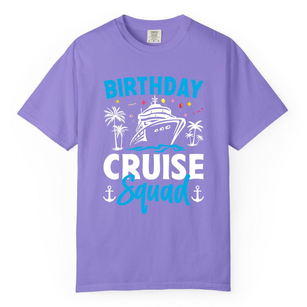 Birthday Cruise Squad Shirt - Tropical Birthday Cruise Apparel (Comfort Color) in Violet - Birthday Cruise Squad Shirt with Ship Palm Trees Balloons Nautical Icons