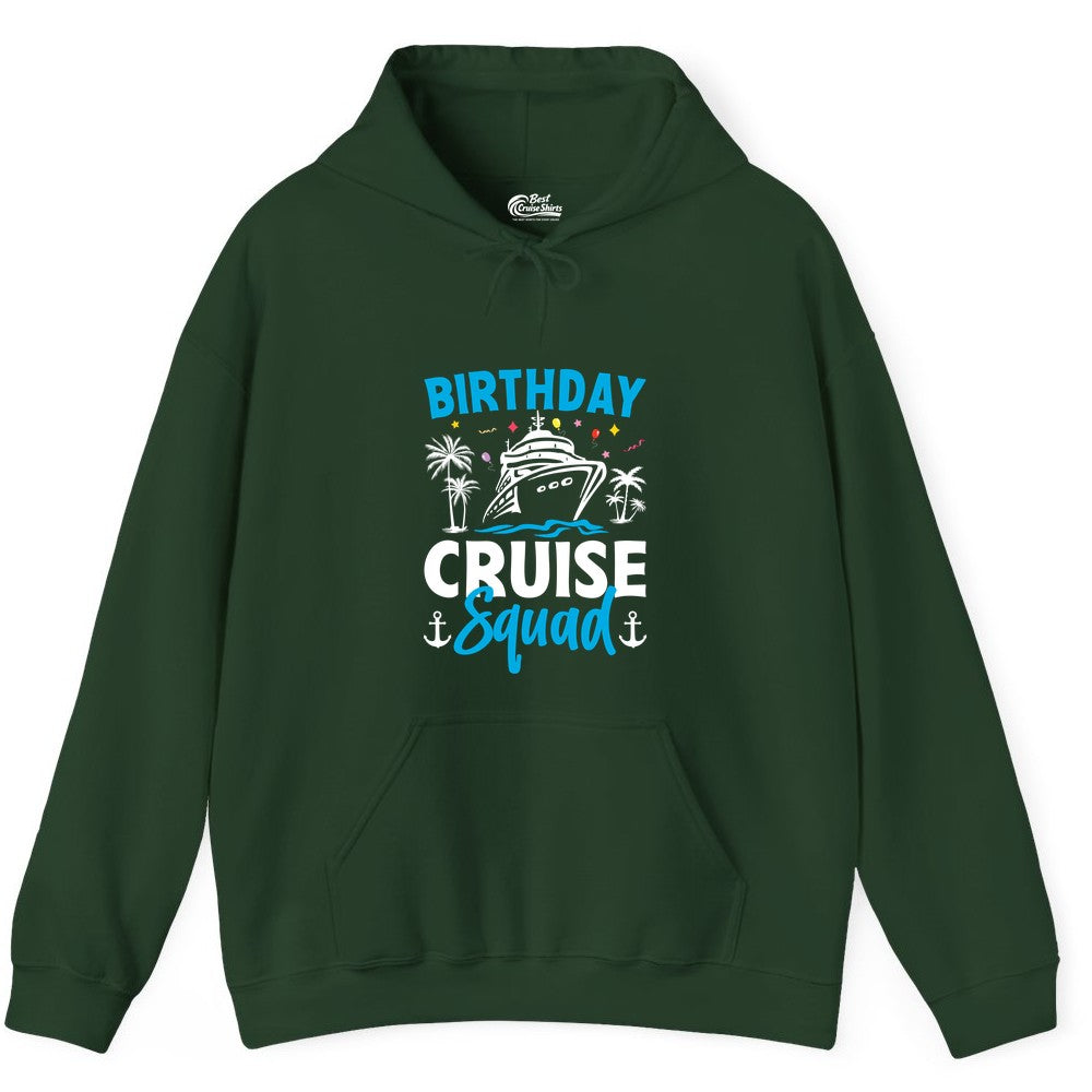 Birthday Cruise Squad Shirt - Tropical Birthday Cruise Apparel (Hoodie) in Forest Green - Birthday Cruise Squad Shirt with Ship Palm Trees Balloons Nautical Icons