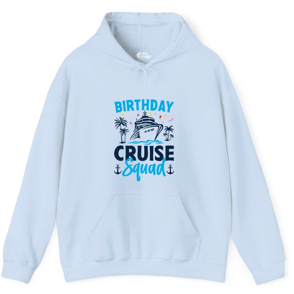 Birthday Cruise Squad Shirt - Tropical Birthday Cruise Apparel (Hoodie) in Light Blue - Birthday Cruise Squad Shirt with Ship Palm Trees Balloons Nautical Icons