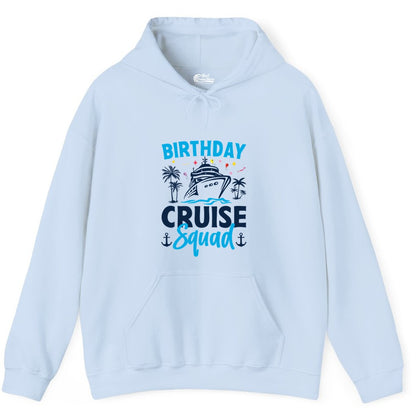 Birthday Cruise Squad Shirt - Tropical Birthday Cruise Apparel (Hoodie) in Light Blue - Birthday Cruise Squad Shirt with Ship Palm Trees Balloons Nautical Icons